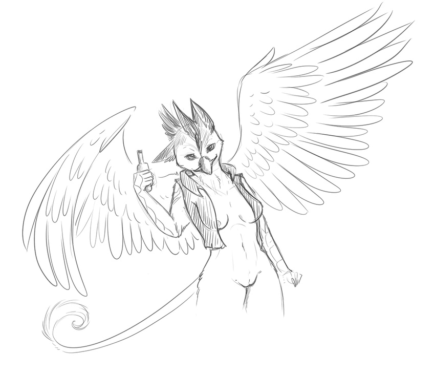 anthro anthrofied avian beak bottle clothing female gryphon looking_at_viewer nude nyxapnea plain_background shirt sketch solo white_background wings