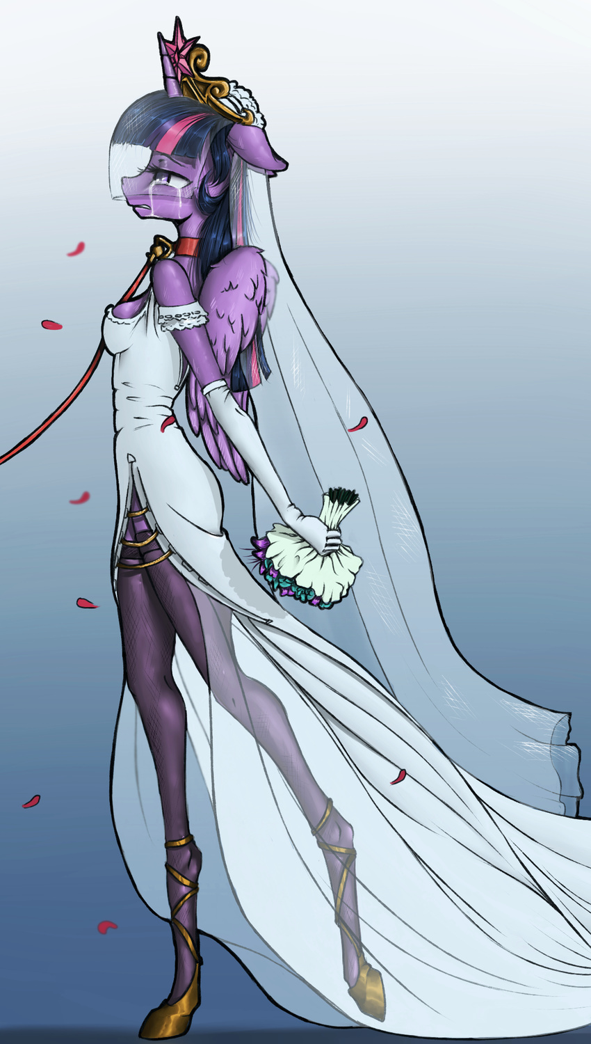 2014 anthro anthrofied bouquet breasts cleavage clothed clothing collar crown crying dress elbow_gloves equine female flower forced forced_wedding friendship_is_magic gloves gold hair horn leash legwear madhotaru mammal multi-colored_hair my_little_pony solo stockings tears twilight_sparkle_(mlp) veil wedding_dress winged_unicorn wings