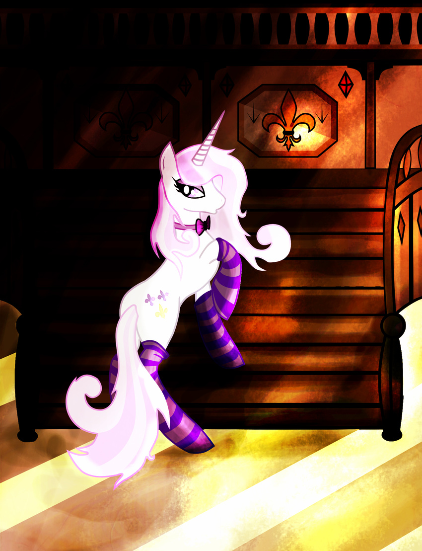 2014 all_fours back_turned bow_tie butt cutie_mark equine female fleur_de_lis_(mlp) friendship_is_magic fur hair horn horse indoor looking_at_viewer mammal my_little_pony open_mouth pedrohander pink_hair pony purple_eyes safe socks solo staircase two_tone_hair unicorn white_fur