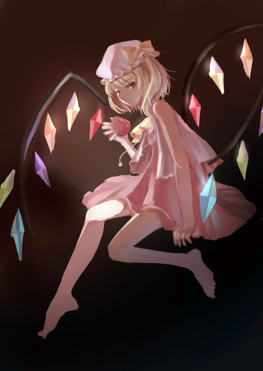 aer_(tengqiu) apple ascot barefoot blonde_hair darkness dress flandre_scarlet food fruit full_body glowing glowing_wings hat highres looking_at_viewer mob_cap open_clothes open_shirt pink_dress red_eyes shirt sleeveless sleeveless_dress sleeveless_shirt touhou wings