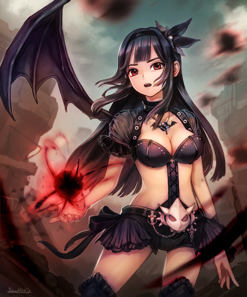 :o artist_name asymmetrical_wings bangs belt black_hair black_skirt bone breasts chain cleavage collarbone commentary_request contrapposto cowboy_shot dawkinsia determined glowing hair_ornament hairband highres horns jewelry long_hair looking_at_viewer magic magical_girl medium_breasts midriff necklace open_mouth original outdoors pendant red_eyes short_sleeves single_wing skirt skull solo standing teeth wings