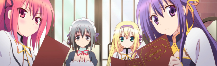 4girls black_eyes black_hair blonde_hair carol_nastassha claire_rouge fianna_ray_ordesia green_eyes headband long_hair maid maid_headdress multiple_girls purple_eyes purple_hair red_eyes red_hair rinslet_laurenfrost school_uniform screencap seifuku seirei_tsukai_no_blade_dance short_hair