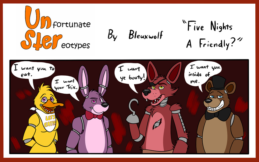 anthro avian bear bird bleuxwolf bonnie_(fnaf) bow canine chica_(fnaf) chicken english_text eye_patch eyewear female five_nights_at_freddy's fox foxy_(fnaf) freddy_(fnaf) hat headgear hook humor lagomorph long_ears looking_at_viewer machine male mammal mechanical pirate rabbit robot smile teeth text video_games