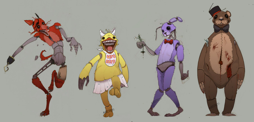 animatronic avian bear bird blood bonnie_(fnaf) bow_tie canine chica_(fnaf) claws eye_patch eyewear female five_nights_at_freddy's flower fox foxy_(fnaf) freddy_fazbear hat hook lagomorph machine male mammal mechanical metal nightmare_fuel pirate rabbit soul_devouring_eyes top_hat