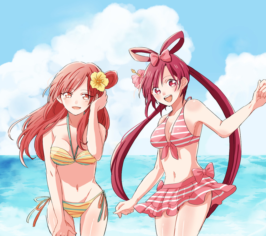 bikini bikini_skirt blush body_blush bow breasts cleavage cloud cowboy_shot day flower front-tie_top hair_bow hair_flower hair_ornament halter_top halterneck hand_on_thigh hibiscus highres long_hair looking_at_viewer magi_the_labyrinth_of_magic medium_breasts morgiana multiple_girls navel ocean open_mouth ren_kougyoku shiny shiny_skin side-tie_bikini sky smile striped striped_bikini swimsuit thigh_gap