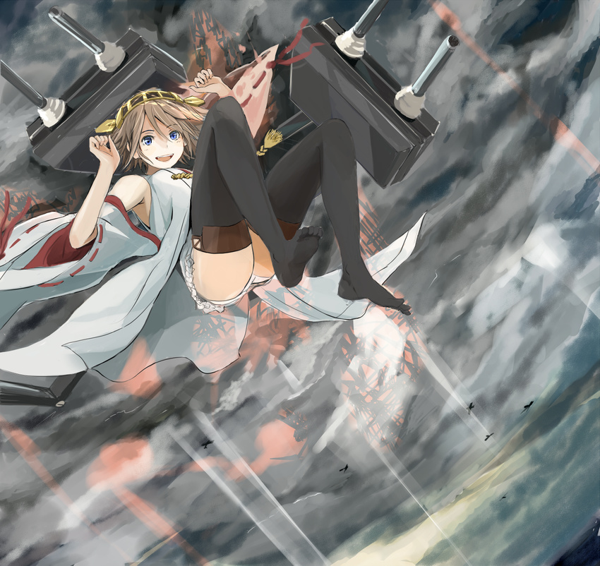 black_legwear blue_eyes brown_hair cloud detached_sleeves doraragi floating headgear hiei_(kantai_collection) highres kantai_collection light_rays looking_at_viewer machinery no_shoes nontraditional_miko panties pantyshot short_hair sky smile solo sunbeam sunlight thighhighs underwear