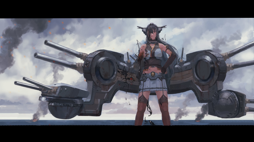 absurdres aircraft airplane bad_id bad_pixiv_id bare_shoulders battleship blue_sky brown_eyes brown_hair cannon cloud cloudy_sky damaged deep_wound fingerless_gloves frown gloves headgear headpiece highres injury kantai_collection long_hair machinery military military_vehicle nagato_(kantai_collection) ocean oil onjo_(nkmr) severed_arm severed_limb ship skirt sky smoke solo thighhighs very_long_hair warship water watercraft wind
