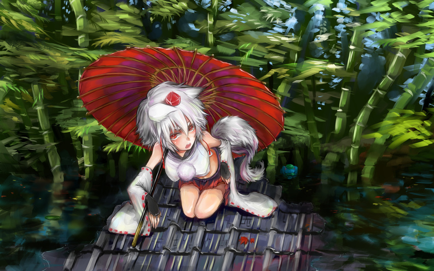 :o animal_ears backpack bad_id bad_pixiv_id bag bamboo bamboo_forest bare_legs black_gloves blue_hair blush body_blush breasts bridal_gauntlets cabbie_hat crop_top crop_top_overhang detached_sleeves eyebrows fingerless_gloves flood forest gloves hair_bobbles hair_ornament hat highres holding holding_umbrella inubashiri_momiji kawashiro_nitori kneeling leaf leaning_forward long_sleeves medium_breasts multiple_girls nature navel on_roof oriental_umbrella pom_pom_(clothes) purupuru red_eyes rooftop short_hair silver_hair skirt tail thick_eyebrows tile_roof tokin_hat touhou umbrella v-shaped_eyebrows water wide_sleeves wolf_ears wolf_tail
