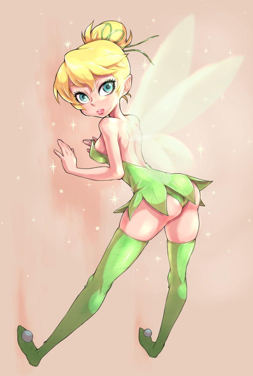ass back blonde_hair blue_eyes boots bun disney fairy female from_behind green_shoes hair_bun moyoosu panties peter_pan_(disney) pompom shoes shoulders sleeveless solo thigh_boots thighhighs tinker_bell_(disney) tinkerbell underwear wings