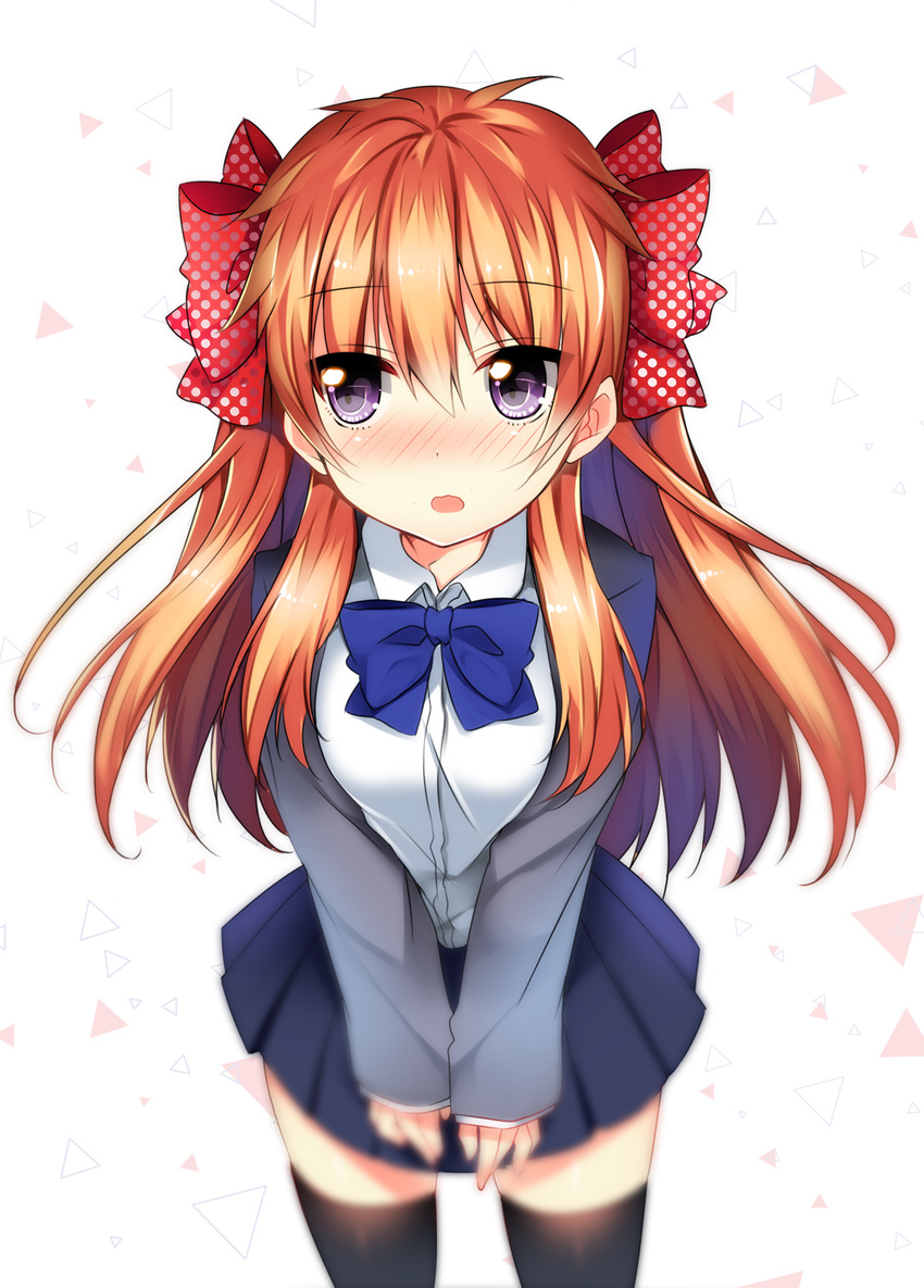 bangs black_legwear blazer blurry blush bow depth_of_field embarrassed gekkan_shoujo_nozaki-kun hair_bow highres jacket long_hair looking_away nose_blush orange_hair pleated_skirt polka_dot polka_dot_bow purple_eyes rouman_academy_uniform sakura_chiyo school_uniform simple_background skirt sleeves_past_wrists solo thighhighs tsurime two_side_up usagihime v_arms wavy_mouth zettai_ryouiki