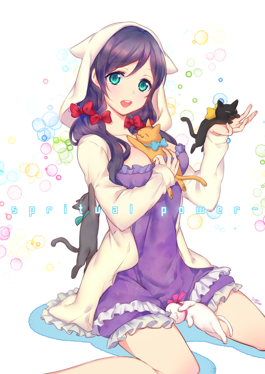animal_hood aqua_eyes between_breasts bittersweet_(dalcoms) blush breasts cat highres hood long_hair looking_at_viewer love_live! love_live!_school_idol_project medium_breasts nightgown open_mouth pajamas purple_hair sitting solo toujou_nozomi twintails wariza