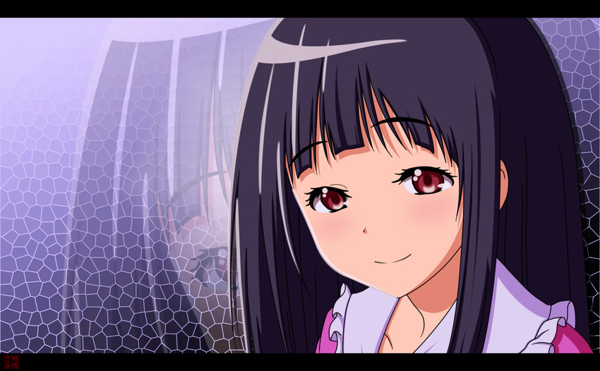 black_hair highres houraisan_kaguya letterboxed long_hair looking_at_viewer red_eyes smile solo touhou woofey zoom_layer