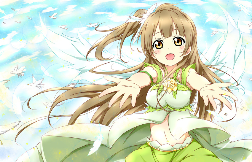 :d angel_wings armlet bird blue_sky breasts cloud day feathers flower hair_feathers hair_ribbon highres karamoneeze light_brown_hair long_hair looking_at_viewer love_live! love_live!_school_idol_project medium_breasts midriff minami_kotori navel one_side_up open_mouth outstretched_arms ribbon seagull shirt skirt sky sleeveless sleeveless_shirt smile solo wind wind_lift wings