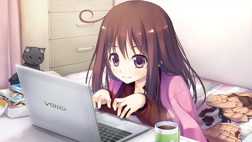 1girl bed book brown_hair computer cup female game_cg happy highres jacket kazami_haruki long_hair purple_eyes satsukoi_yuukyuu_naru_koi_no_uta school_uniform sitting skirt smile solo typing