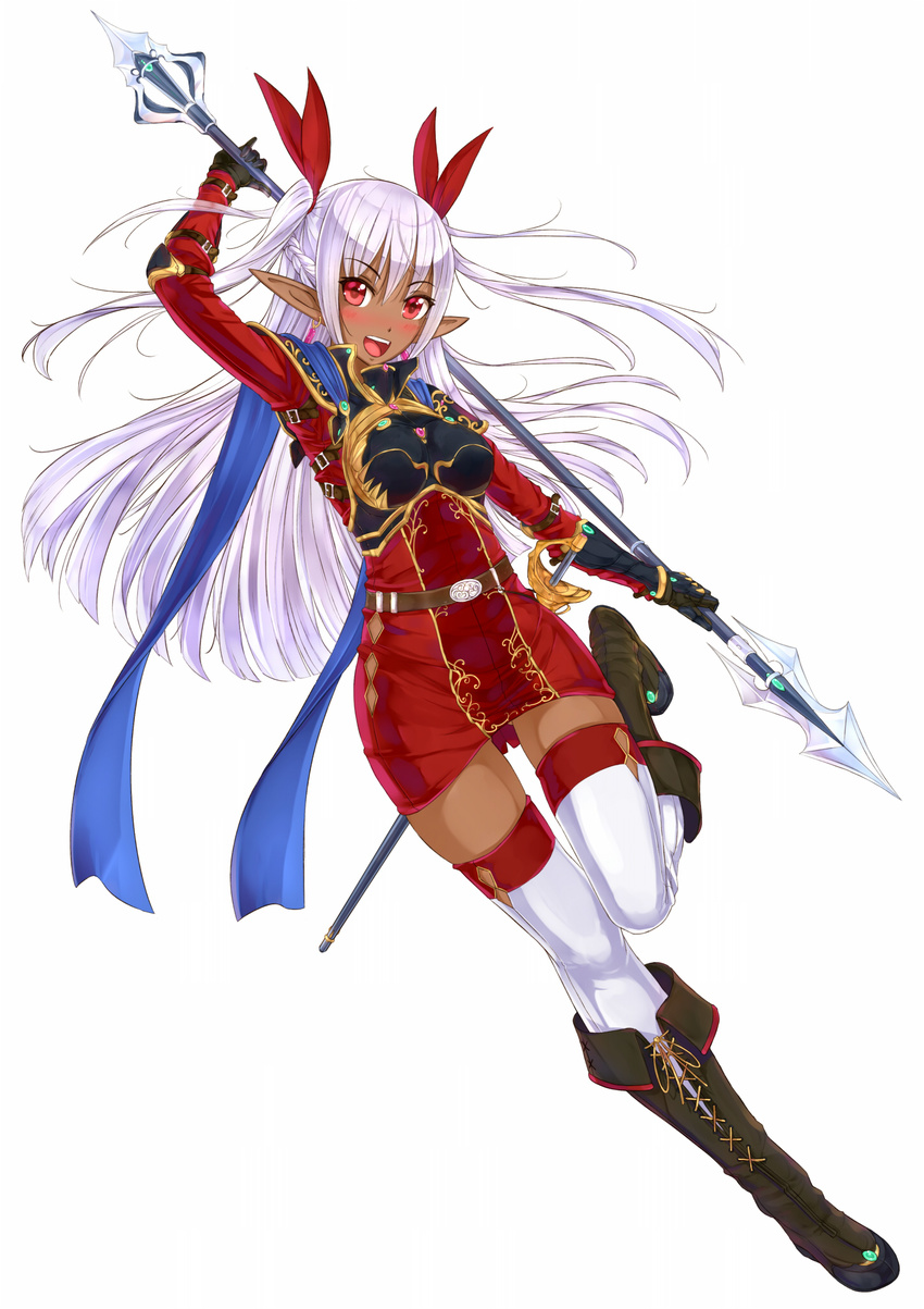 ass_visible_through_thighs black_gloves blush boots dark_elf dark_skin dress elf full_body gloves hair_ribbon highres kazeno lance long_hair looking_at_viewer open_mouth original pointy_ears polearm red_dress red_eyes ribbon silver_hair smile solo thighhighs two_side_up weapon white_legwear