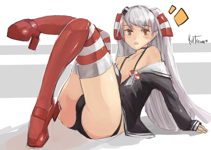 amatsukaze_(kantai_collection) ass bare_shoulders black_panties blush brown_eyes dress full_body garter_straps kantai_collection long_hair looking_at_viewer open_clothes open_dress panties riftgarret sailor_dress short_dress silver_hair solo striped striped_legwear thighhighs two_side_up underwear