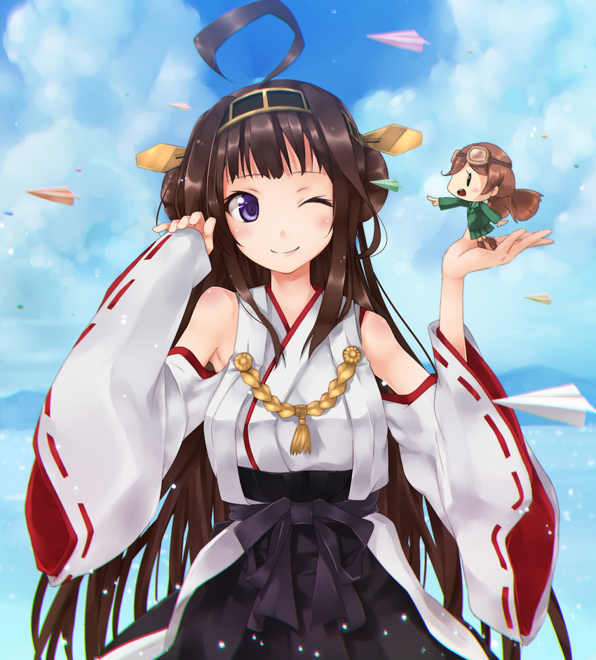 2mota ;) ahoge bare_shoulders black_hakama blue_sky blush blush_stickers brown_hair cloud day detached_sleeves double_bun fairy_(kantai_collection) goggles goggles_on_head hairband hakama headgear highres in_palm japanese_clothes kantai_collection kongou_(kantai_collection) long_hair minigirl nontraditional_miko one_eye_closed paper_airplane pleated_skirt pointing purple_eyes ribbon-trimmed_sleeves ribbon_trim skirt sky smile type_96_fighter