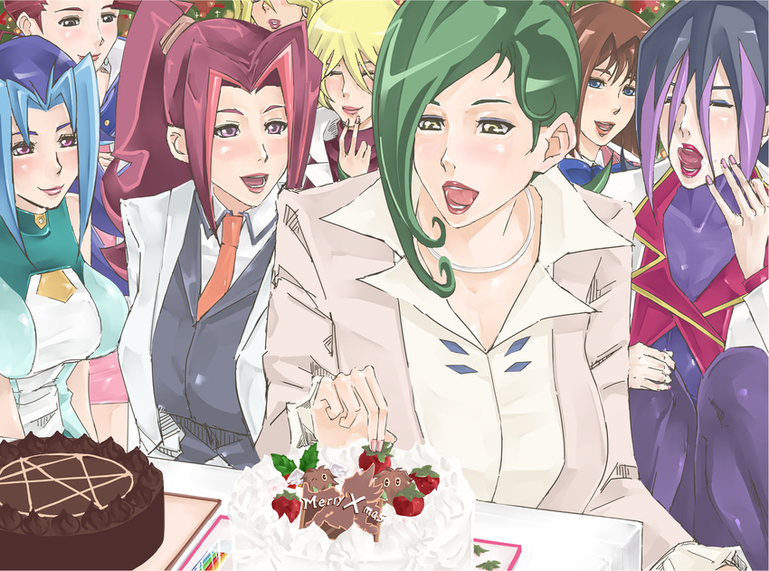 blue_hair cake food green_hair open_mouth poppopoo tongue yu-gi-oh!