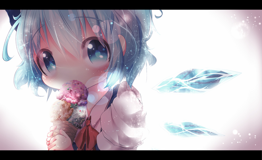 akisha backlighting bad_id bad_pixiv_id blue_dress blue_eyes blue_hair bow cirno dress face food hair_bow highres ice ice_cream ice_cream_cone ice_wings letterboxed looking_at_viewer puffy_short_sleeves puffy_sleeves shirt short_sleeves solo sparkle touhou upper_body wings