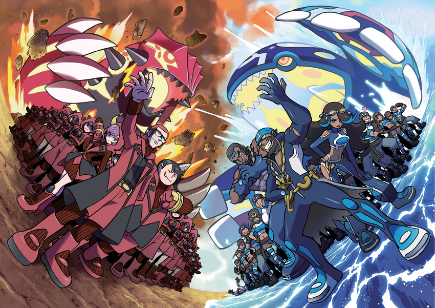 aogiri_(pokemon) aogiri_(pokemon)_(remake) army bandanna beard dark_skin epic eruption facial_hair facial_mark facial_markings gloves goggles groudon high_collar highres homura_(pokemon) homura_(pokemon)_(remake) hood hoodie horns izumi_(pokemon) izumi_(pokemon)_(remake) jacket kagari_(pokemon) kagari_(pokemon)_(remake) kyogre matsubusa_(pokemon) matsubusa_(pokemon)_(remake) multiple_boys multiple_girls npc_trainer official_art pokemon pokemon_(game) pokemon_oras standoff sugimori_ken team_aqua team_aqua_grunt team_magma team_magma_grunt ushio_(pokemon) ushio_(pokemon)_(remake) water