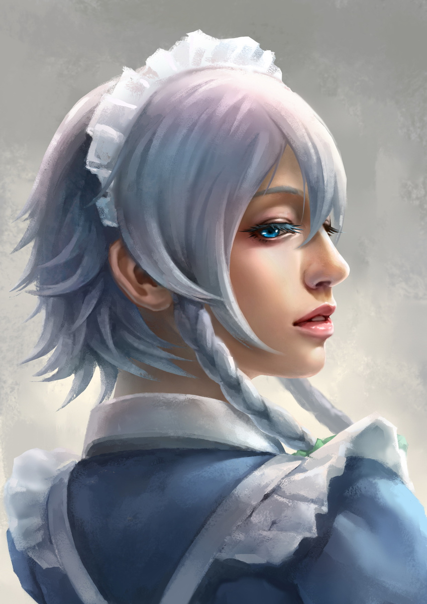 blue_eyes braid eyelashes from_behind grey_background hair_ribbon highres izayoi_sakuya lips looking_at_viewer looking_back maid maid_headdress nose pandawei parted_lips portrait realistic ribbon short_hair short_hair_with_long_locks sideways_glance silver_hair solo touhou twin_braids