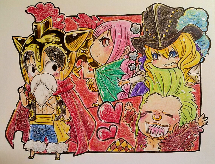 bartolomeo blonde_hair cape cavendish dressrosa gladiator graphite_(medium) green_hair hawaiian_shirt helmet long_hair monkey_d_luffy nose_ring one_piece onexone pencil_(medium) pink_hair rebecca_(one_piece) sash shirt traditional_media