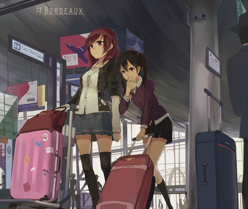 airport bag bangs black_hair black_legwear black_skirt blue_skirt brown_eyes brown_hair buttons cardigan collared_shirt eating food from_below hand_truck hashtag highres holding holding_food huanxiang_heitu indoors jewelry kneehighs leaning_forward long_sleeves looking_away love_live! love_live!_school_idol_project luggage multiple_girls necklace nishikino_maki open_cardigan open_clothes pendant pleated_skirt purple_eyes revision rolling_suitcase shirt shopping_bag short_over_long_sleeves short_sleeves sign skirt standing sticker suitcase swept_bangs thighhighs train_station twintails yazawa_nico zettai_ryouiki