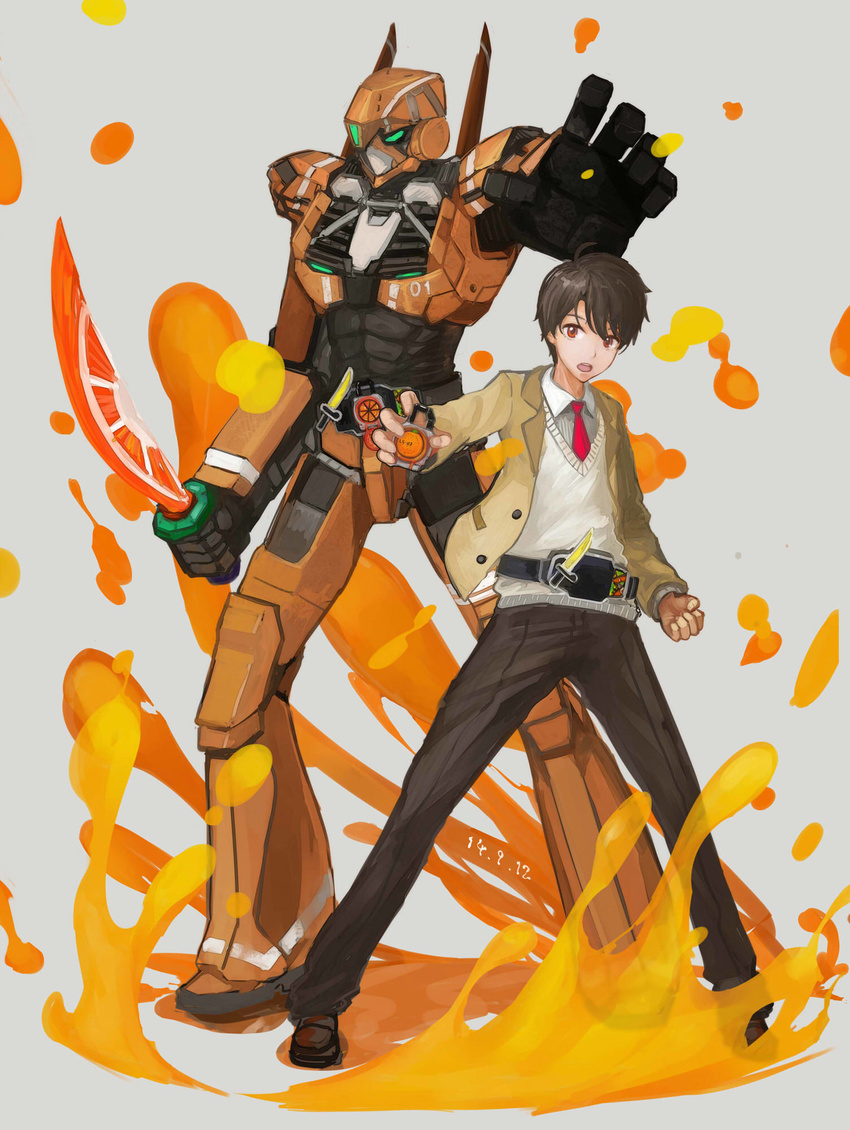 aldnoah.zero bass386 creator_connection highres kaizuka_inaho kamen_rider kamen_rider_gaim_(series) kg-6_sleipnir lock_seed sengoku_driver sword urobuchi_gen weapon