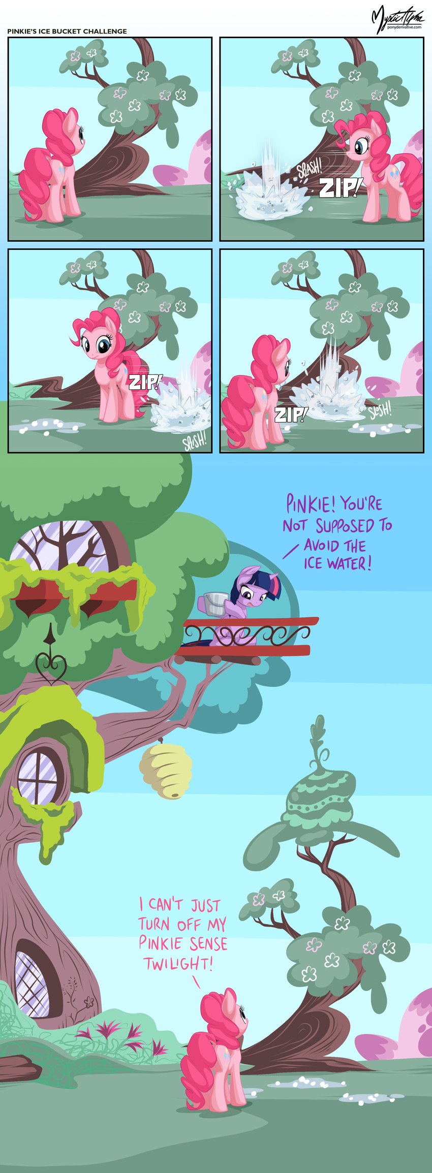 2014 beehive blue_eyes comic dialog earth_pony english_text equine female friendship_is_magic hair horn horse house ice ice_bucket_challange mammal my_little_pony mysticalpha pink_hair pinkie_pie_(mlp) pony purple_eyes purple_hair text tree tree_house treehouse twilight_sparkle_(mlp) water winged_unicorn wings