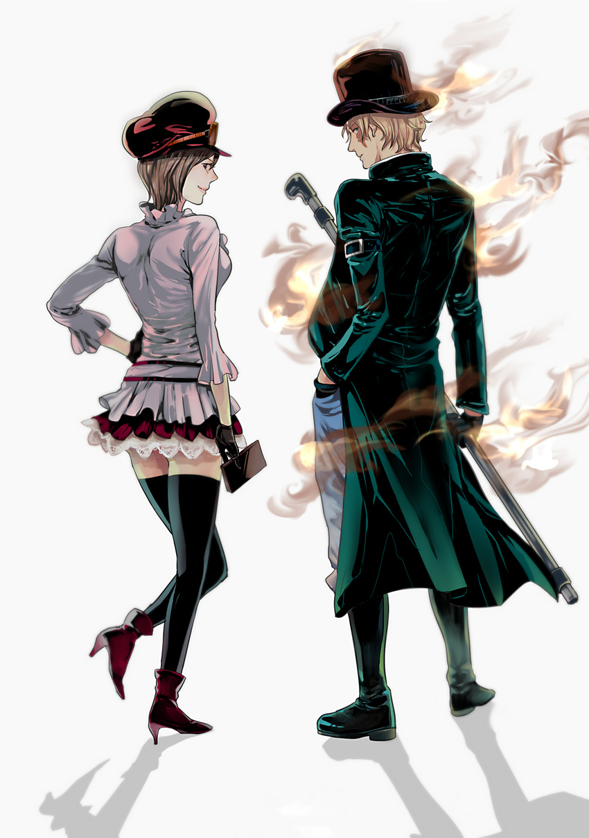 1boy 1girl blonde_hair dressrosa fire goggles hand_in_pocket hat highres koala_(one_piece) one_piece pole sabo_(one_piece) skirt standing thighhighs top_hat yuu_(1969loy)