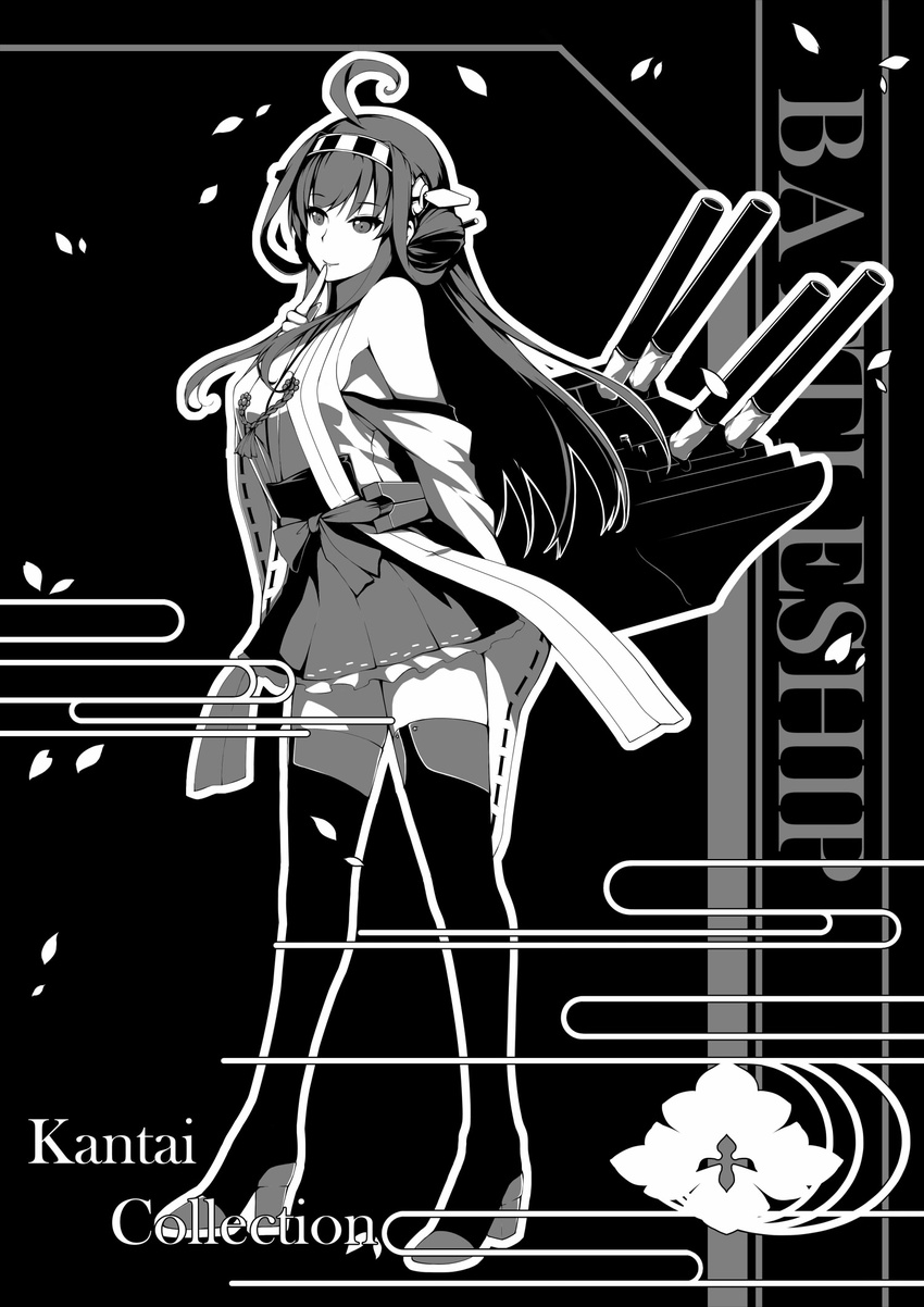 ahoge bare_shoulders boots bow dean detached_sleeves double_bun finger_to_mouth full_body greyscale hairband highres kantai_collection kongou_(kantai_collection) lips long_hair long_sleeves machinery monochrome nontraditional_miko skirt solo thigh_boots thighhighs turret zettai_ryouiki