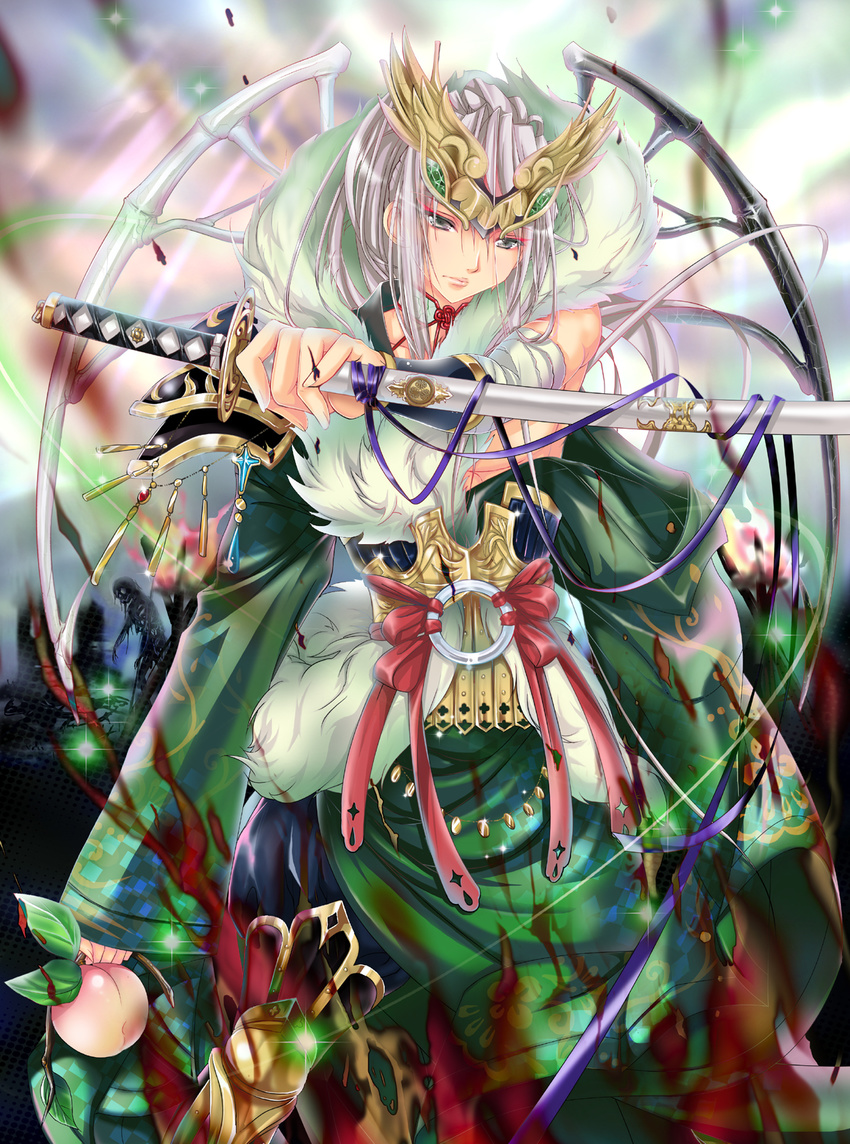 bare_shoulders blood food fruit grey_eyes headdress highres long_hair male_focus original peach robe sengoku_taisen shisaki_tayu silver_hair solo sword very_long_hair weapon wings