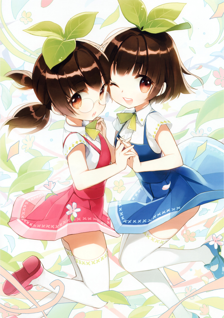 ;d absurdres blue_footwear brown_eyes brown_hair collared_shirt dress flower glasses highres interlocked_fingers leaf leaf_on_head looking_at_viewer mandrake_girls_2 mary_janes multiple_girls official_art one_eye_closed open_mouth pinafore_dress plant_on_head red_footwear round_eyewear salt_(salty) shirt shoes short_hair skirt smile thighhighs twintails white_legwear