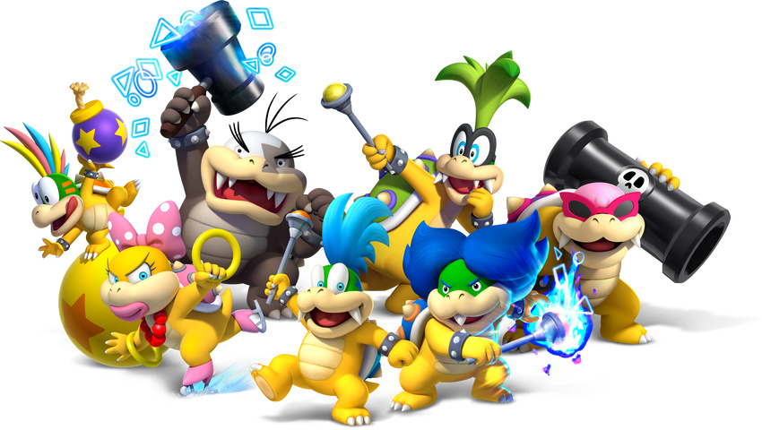 1girl 6+boys absurdres blue_eyes blue_hair bow bracelet brother_and_sister brothers cannon eyewear fangs female fire glasses green_hair hair hammer highres iggy_koopa jewelry koopalings larry_koopa lemmy_koopa lips looking_at_viewer ludwig_von_koopa male mario_(series) mario_bros morton_koopa_jr morton_koopa_jr. multi-colored_hair multiple_boys nintendo official_art rainbow_hair roy_koopa siblings sunglasses super_mario_bros. video_games wand wendy_o._koopa wendy_o_koopa