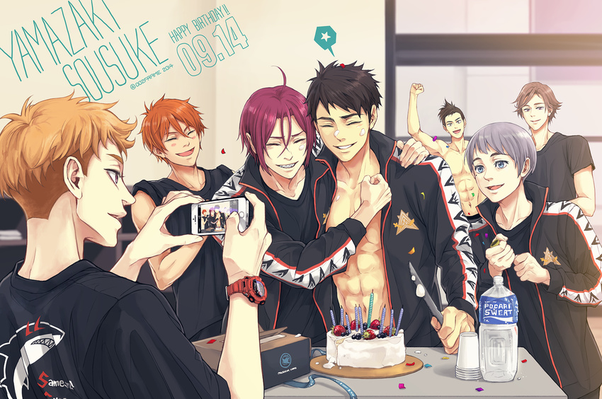 ahoge artist_name birthday birthday_cake birthday_party black_hair blue_eyes blueberry blush brown_eyes brown_hair cake candle cellphone character_name closed_eyes confetti cup disposable_cup food food_on_face free! fruit grey_hair happy_birthday hug iphone iwashimizu_toru jacket knife male_focus matsuoka_rin mikoshiba_momotarou minami_kazuki mole mole_under_eye multiple_boys muscle navel nitori_aiichirou open_clothes open_jacket orange_eyes orange_hair party_popper phone pocari_sweat red_hair sharp_teeth shirtless smartphone smile spoken_star tank_top teeth twoframe uozumi_takuya yamazaki_sousuke