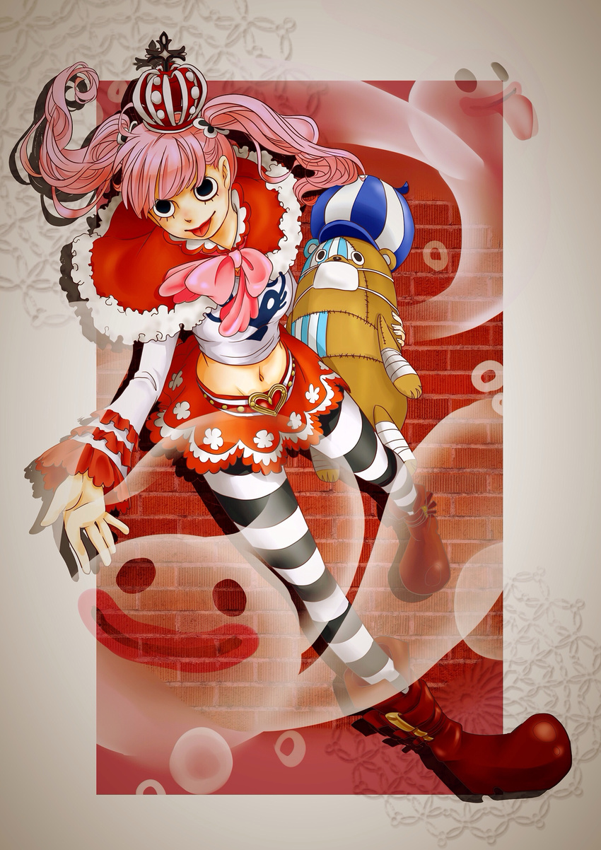 1girl :p bangs black_legwear black_stripes blunt_bangs boots bow capelet character_doll crown ghost highres kumacy long_hair long_sleeves looking_at_viewer midriff navel one_piece patterned_legwear perona pink_hair red_cape red_shoes red_skirt shoes skirt striped striped_legwear stuffed_toy thighhighs tongue tongue_out twintails two-tone_stripes white_legwear white_stripes