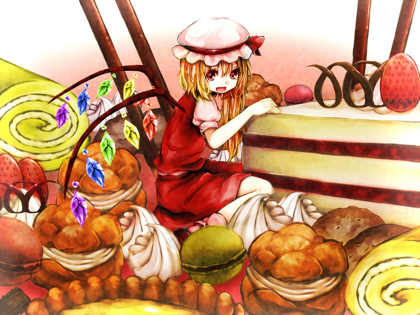 :d blonde_hair cake fang flandre_scarlet food hat in_food minigirl mob_cap open_mouth oversized_object puffy_short_sleeves puffy_sleeves red_eyes rnkgmn short_sleeves side_ponytail skirt smile sweets touhou vest wings