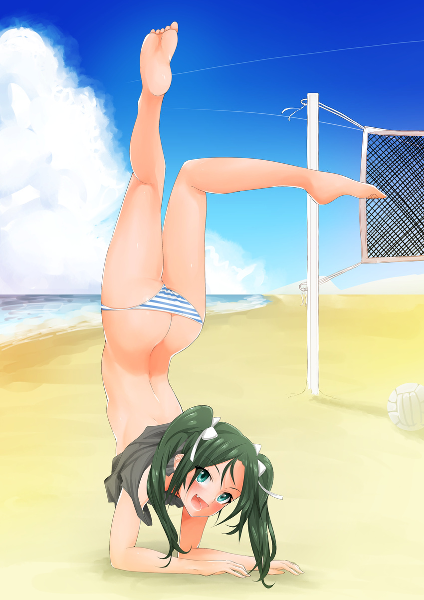 absurdres aqua_eyes ass beach butt_crack day fang francesca_lucchini green_hair gymnastics hair_ribbon highres ishikei_(style) long_hair looking_at_viewer open_mouth panties plantar_flexion ribbon shirt_lift smile solo stormcow strike_witches striped striped_panties twintails underwear volleyball volleyball_net world_witches_series