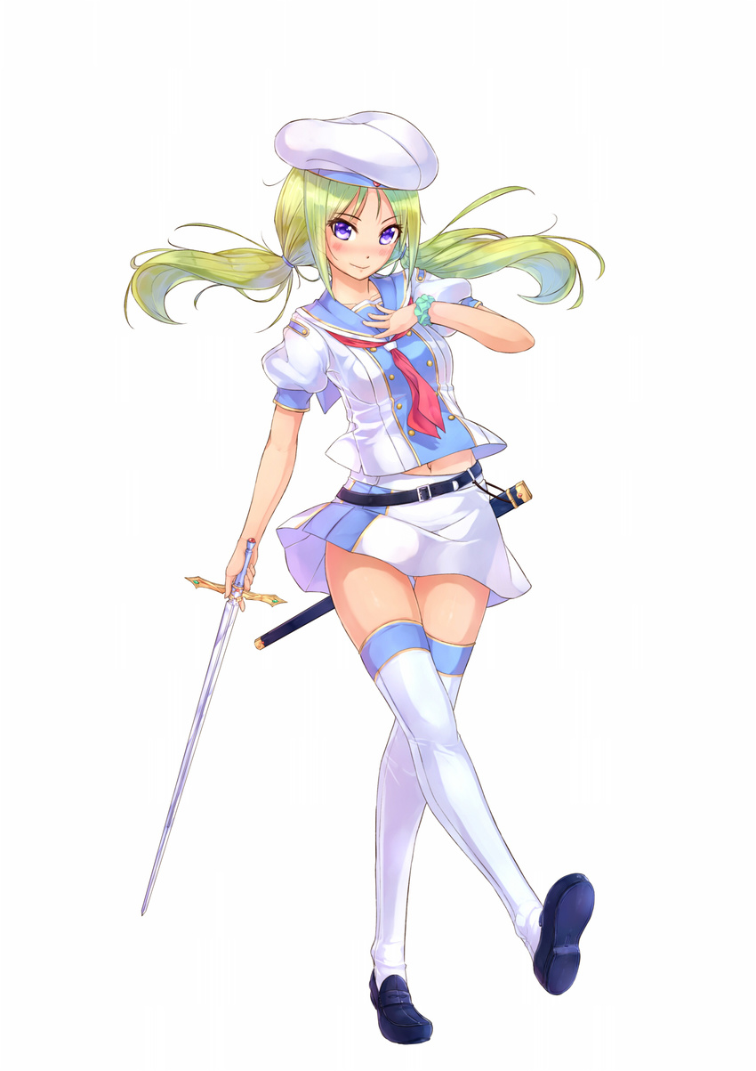 belt green_hair hand_on_own_chest hat highres kazeno long_hair navel original purple_eyes scabbard school_uniform serafuku sheath solo sword thighhighs unsheathed weapon