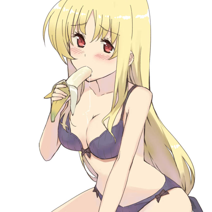 banana bare_shoulders blonde_hair blush bow bra breasts cleavage collarbone fate_testarossa food fruit highres large_breasts long_hair lyrical_nanoha mahou_shoujo_lyrical_nanoha_strikers panties red_eyes saliva sexually_suggestive shiny shiny_hair shirogane_(fox) solo sucking underwear underwear_only