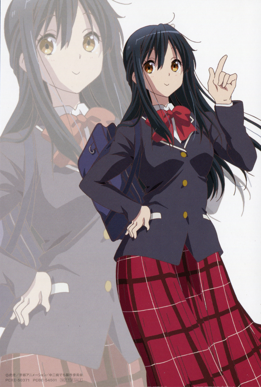 absurdres alternate_hair_color bag black_hair brown_eyes chuunibyou_demo_koi_ga_shitai! highres huge_filesize index_finger_raised long_hair long_skirt nibutani_shinka official_art plaid plaid_skirt school_bag school_uniform skirt zoom_layer