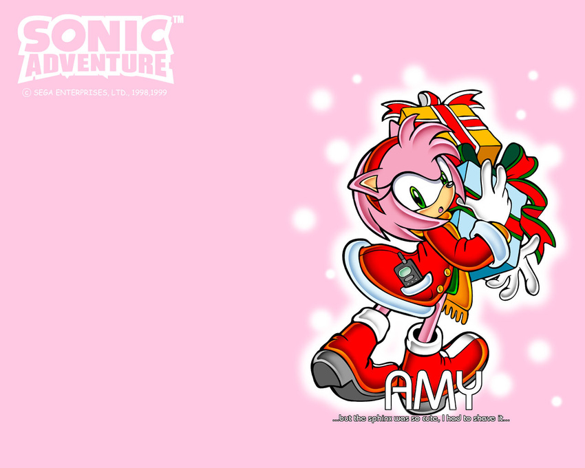 1girl amy_rose boots box cellphone coat english_text female gift gift_box gloves green_eyes hairband hedgehog looking_back mammal official_art phone scarf sega solo sonic_(series) sonic_the_hedgehog text