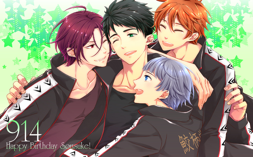 ahoge aqua_eyes black_hair blue_eyes character_name closed_eyes free! grey_hair happy_birthday jacket male_focus matsuoka_rin mikoshiba_momotarou multiple_boys nitori_aiichirou one_eye_closed orange_hair red_hair smile suzuki_suzu_(suna) yamazaki_sousuke