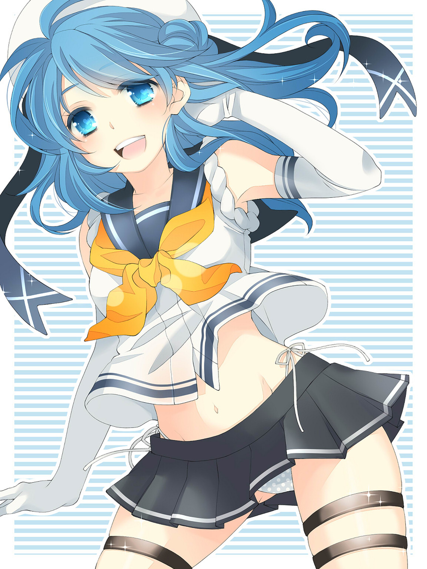 beret blue_eyes blue_hair blush breasts double_bun elbow_gloves gloves hat highres horizontal-striped_background kantai_collection large_breasts long_hair looking_at_viewer open_mouth orange_neckwear panties pantyshot pleated_skirt polka_dot ribbon school_uniform serafuku skirt sleeves_rolled_up smile solo striped striped_background underwear urakaze_(kantai_collection) usaponnu white_hat