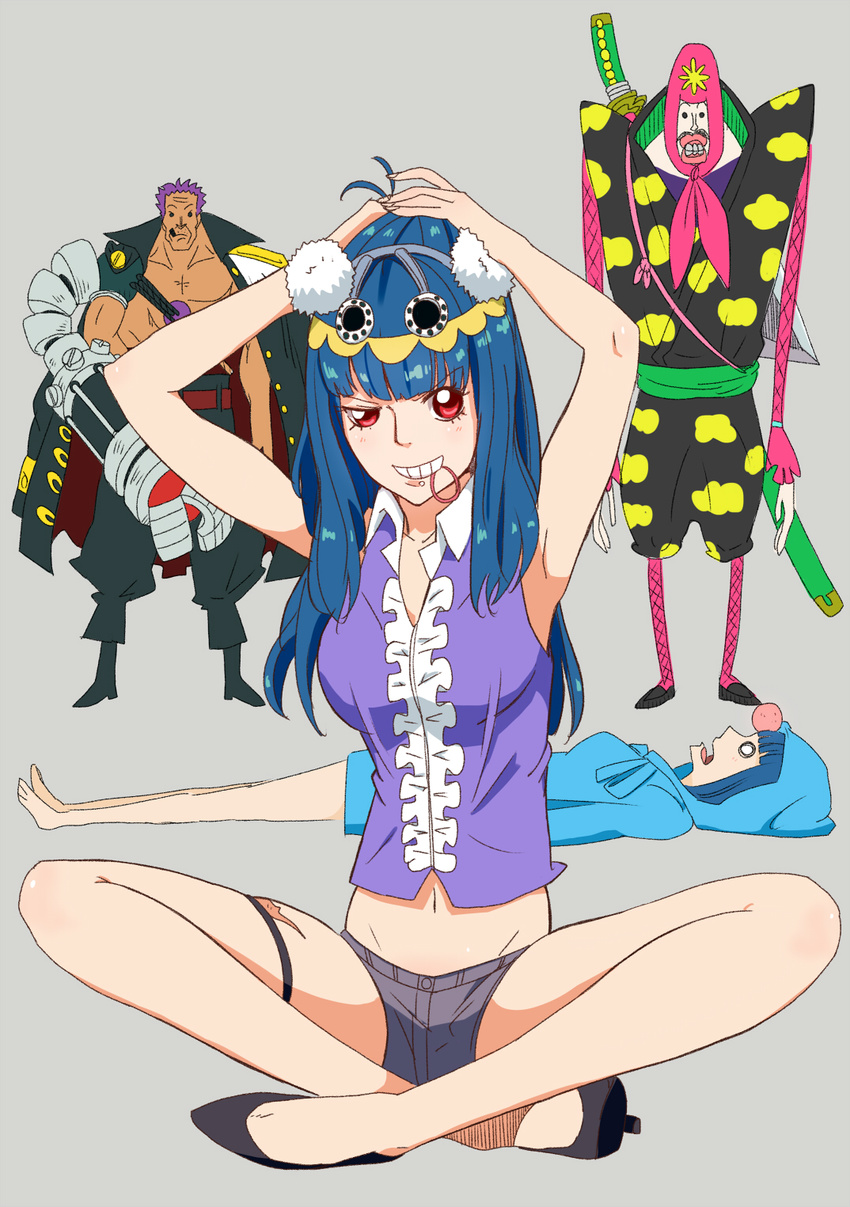 blue_hair bon_clay character_request ein_(one_piece) grin high_heels hood hoodie long_hair lying mouth_hold on_back one_piece one_piece_film_z red_eyes s_sasaki_09140 short_shorts shorts sitting smile z_(one_piece)