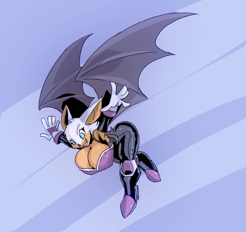 bat big_breasts blue_eyes breasts cleavage clothed clothing female flying gloves mammal rouge_the_bat sega solo sonic_(series) unknown_artist wings
