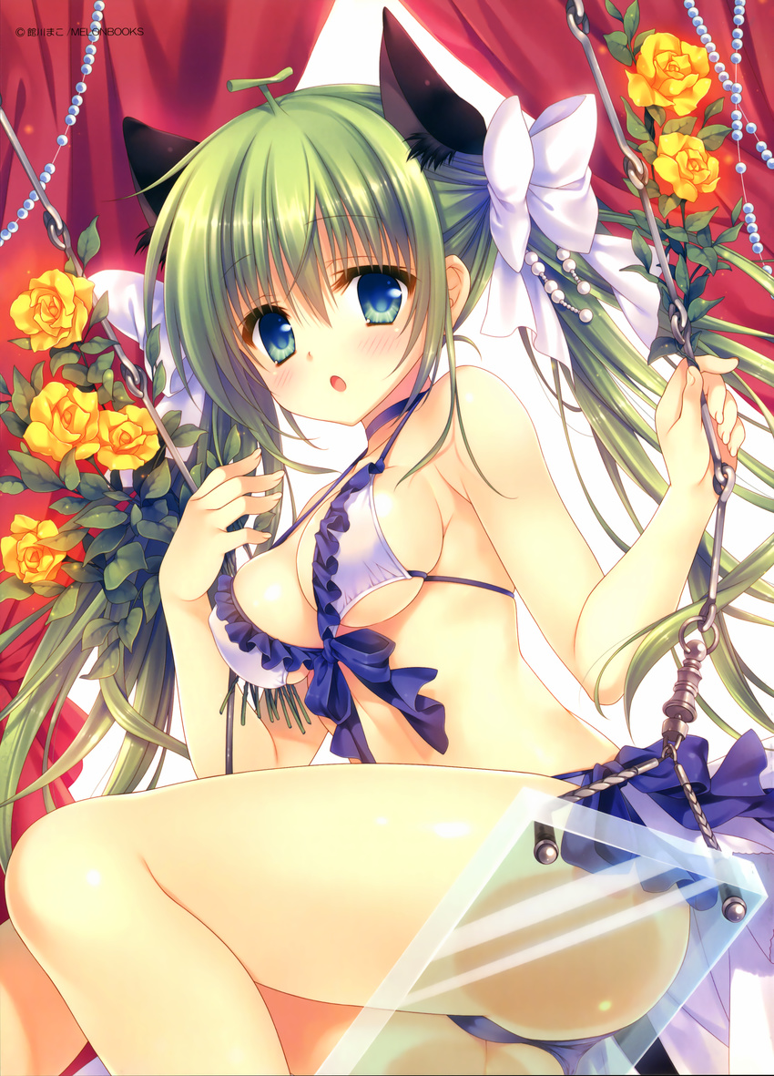 :o absurdres animal_ears ass bad_id bad_yandere_id bikini blue_eyes breasts cat_ears cleavage curtains flower frilled_bikini frills green_hair highres medium_breasts melon-chan melonbooks rose swimsuit swing tatekawa_mako twintails white_bikini yellow_flower yellow_rose