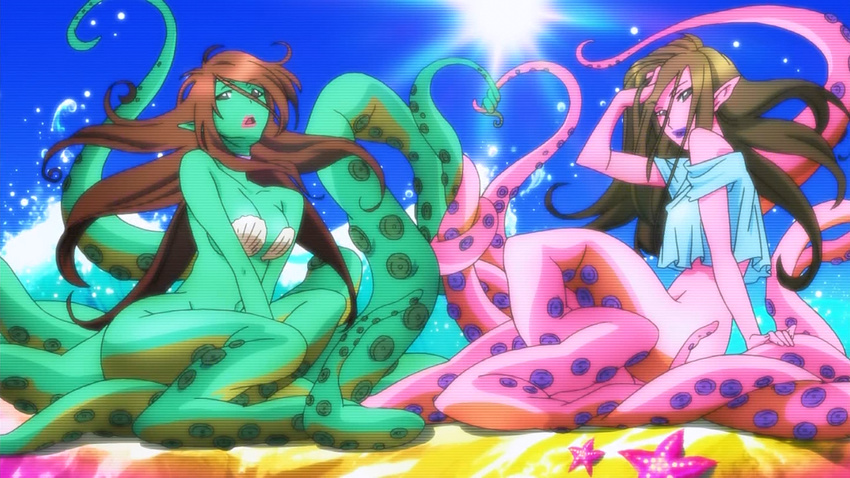 alien beach bottomless brown_hair female green_skin hair invalid_tag pink_skin pointy purple_lips scanlines screencap seashell_bra seaside space_dandy starfish tentacles