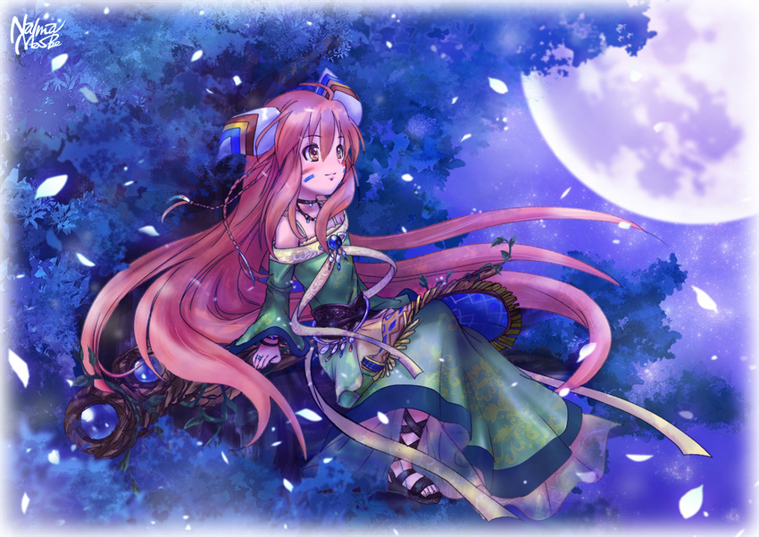 ahoge androgynous bracelet choker dress facepaint feathers full_moon hair_feathers in_tree jewelry light_smile long_hair masobe_(masbe) moon necklace off-shoulder_dress off_shoulder orange_eyes petals popoi red_hair ring sandals seiken_densetsu seiken_densetsu_2 sitting sitting_in_tree solo tree very_long_hair