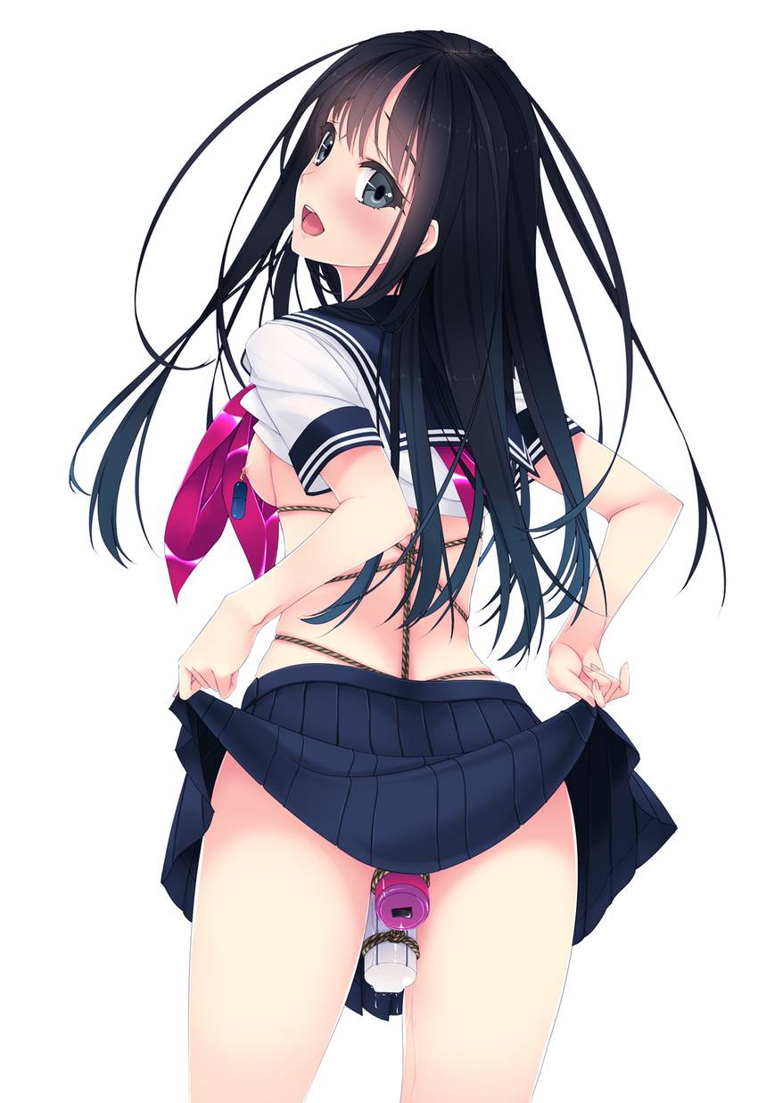 1girl anal anal_object_insertion bdsm black_hair blush bondage bound breasts clothes_lift commentary_request cowboy_shot f-ism from_behind grey_eyes highres lifting_own_clothes long_hair looking_at_viewer looking_back miniskirt murakami_suigun nipple_piercing nipple_stimulation nipple_torture nipples no_bra no_panties object_insertion open_mouth original partially_undressed photoshop_(medium) piercing pussy_juice rope sailor_collar school_uniform serafuku sex_toy shibari shibari_under_clothes shirt_lift short_sleeves simple_background skirt skirt_lift small_breasts smile solo vibrator vibrator_in_anus